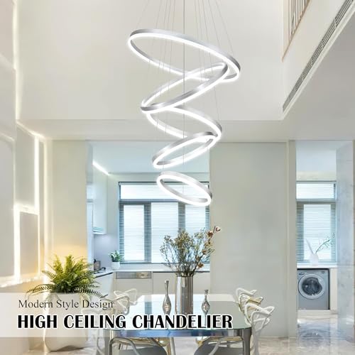 5 Rings Pendant Lights Modern Nickel Led Chandelier Nickel Modern Led Pendant Light Dimmable Height Adjustable Chandeliers for Dining Room Bedroom Entryway Living Room Foyer
