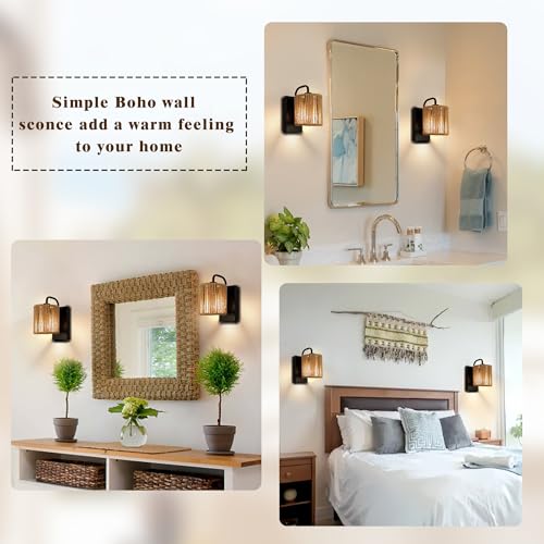 Boho Wall Sconce Rattan Wall Light Fixtures Hemp Rope Sconces