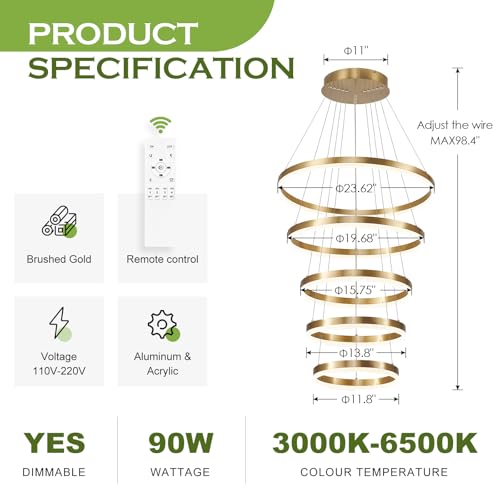5 Rings Modern LED Chandelier Gold High Ceiling Chandelier with Remote Control Dimmable Pendant Lighting for Dining Room Foyer Living Room Entryway Staircase
