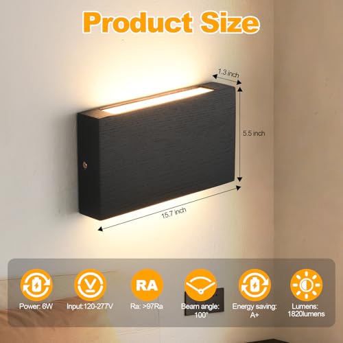 Wood Wall Sconce Indoor Wall Lights Hardwired 1 Pack Up and Down Wall Mount Light for Living Room Bedroom Hallway