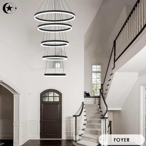 5 Rings Modern LED Chandelier Black Dimmable High Ceiling Chandelier for Dining Room with Remote Control for Foyer Living Room Entryway Staircase
