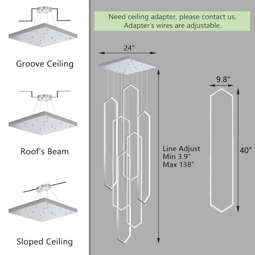 6 Rings Modern Chandelier LED Dimmable Long Large High Ceiling Chandelier Adjust Flush Mount Ceiling Light for Entrance Foyer Lobby Staircaes (6 Count)