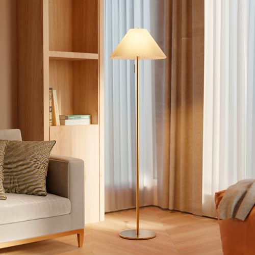 62" Brass Floor Lamp with Pleated Fabric Shade