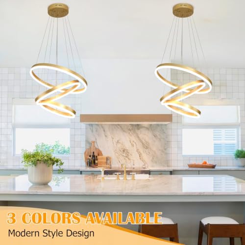 Modern Gold Led Chandelier 3 Rings Gold Dimmable LED Chandeliers Light Fixture for Kitchen Island Height Adjustable Chandelier Led Pendant Light for Dining Room Bedroom Living Room