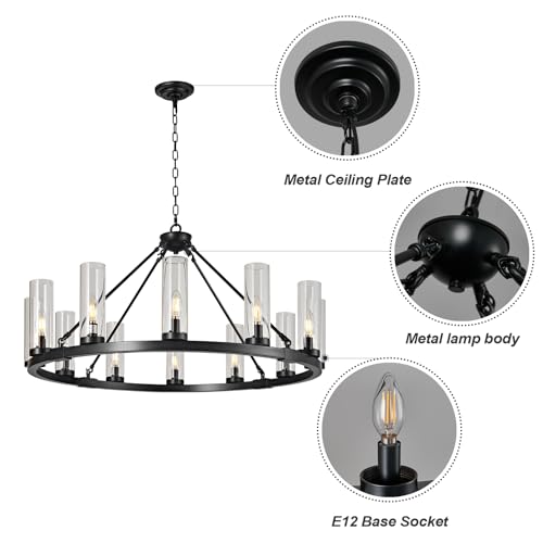12 Light Black Chandelier Wagon Wheel Chandelier with Clear Glass Shade Round Industrial Pendant Lighting Fixture for Stair Living Room Foyer Kitchen