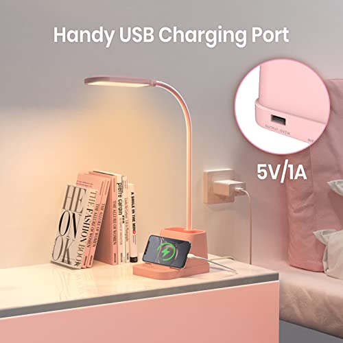 Pink Cute Desk Lamp with USB Charging Port for Kids Teen Girls Women