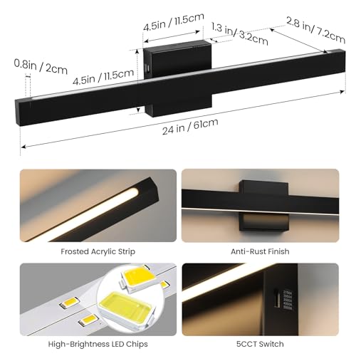Modern Bathroom Vanity Light 24 Inch Black Bathroom Lighting Fixtures Over Mirror 20W 5CCT Dimmable LED Vanity Lights Bar for Bathroom Mirror Restroom Bedroom