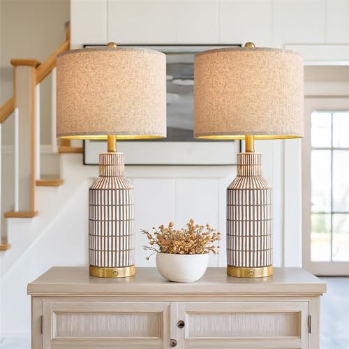25" Modern 3 Way Dimmable Touch Control with USB A+C Ceramic Lamps Set of 2 Table Lamp for Living Room Bedroom Farmhouse Nightstand Bedside Brown (2 Count)