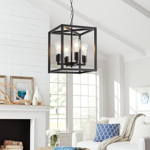 4 Light Farmhouse Chandelier Fixture Rustic Industrial Pendant Lighting Adjustable Height Metal Cage E26 Hanging Lights for Kitchen Island