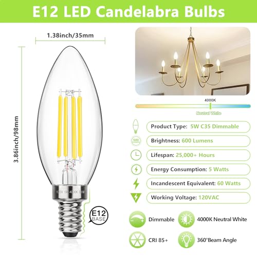 Dimmable E12 LED Candelabra Bulbs 60W Equivalent (12 Count)