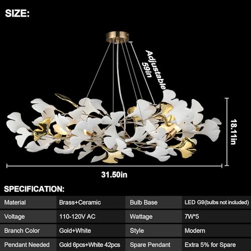 L31.5 Inch Branch Chandelier Ceramic Ginkgo Leaf Chandeliers Brass Hanging Lights Fixtures for Dining Room Living Room Kitchen Island