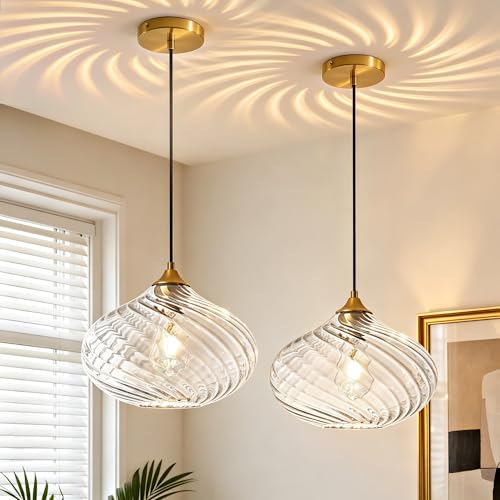 11in Gold Pendant Lights Kitchen Island with Clear Glass Shade 2Pack