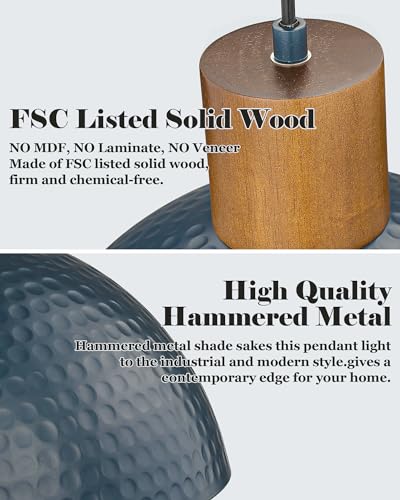 Industrial Pendant Light 12" Hammered Metal Dome Hanging Lamp Solid Wood Pendant Light Fixtures for Kitchen Island