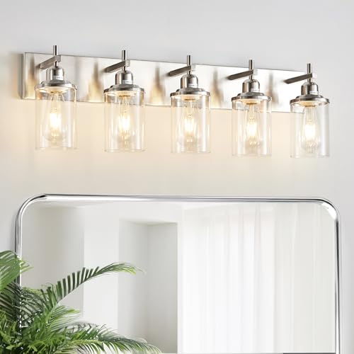 5 Light Brushed Nickel Bathroom Light Fixture Over Mirror Modern Bathroom Vanity Light Vintage Wall Lighting with Clear Glass Shade for Bathroom