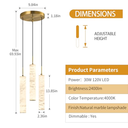 Natural Alabaster Pendant Lights for Kitchen Island White Marble Long Tube Chandelier 4000K Modern Gold Ceiling Light Fixtures for Bedroom Dining Room Table Living Room Hallway