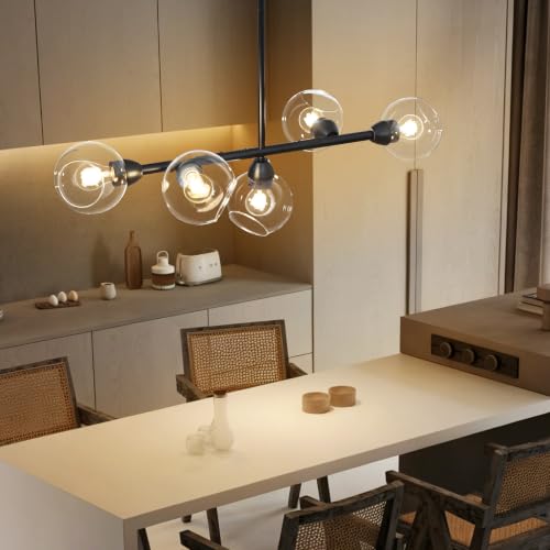 5 Lights Linear Chandelier Modern Black Clear Glass Globe Pendant Light