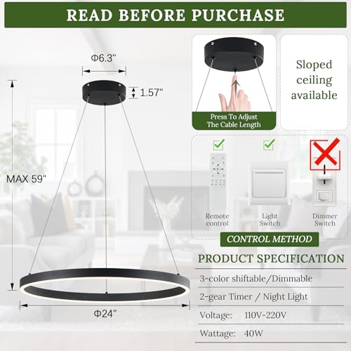 Modern LED Ring Chandelier Black Chandeliers 24in Dimmable