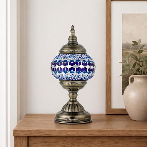 Turkish Moroccan Table Lamp Lantern with Handmade Mosaic Glass Lampshade Tiffany Style Bohemian Stained Glass Decorative Desk Lamps Bedside Night Lights for Bedroom