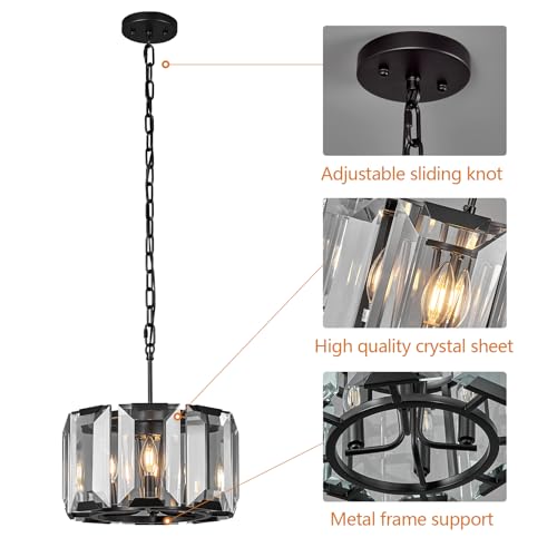Black Modern Crystal Chandeliers Round Farmhouse Pendant Light Semi Flush Mount Ceiling Light Fixture for Bedroom Dining Room Kitchen Island Living Room Foyer Hallway