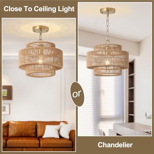 12.4" Boho Rattan Farmhouse Chandeliers for Dining Room