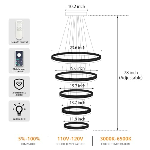 5 Rings Pendant Lights Modern Gold Led Chandelier Gold Modern Led Pendant Light Dimmable Height Adjustable Chandeliers for Dining Room Bedroom Entryway Living Room Foyer