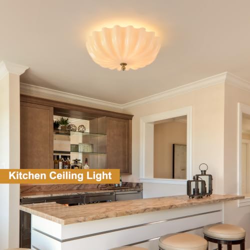 15.7in Cream Glass Ceiling Light Flush Mount Flower Shade 3 (Gold & Cream / 15.7in)