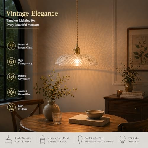 11.8″ Retro Glass Pendant Light Premium Thickened Clear Glass Shade Antique Brass Finish and Adjustable Gold Braided Cord Decorative Lighting for Kitchen Island