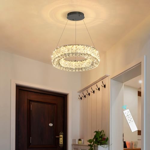 Modern Chandelier for Dining Room Dimmable LED Pendant Lights for Kitchen Island Lighting Black Ring Crystal Chandeliers for Bedroom Entrance Living Room
