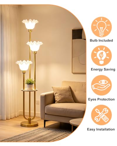 Flower Floor Lamp for Living Room Dimmable Vintage Floor Lamp with Shelf& Bulbs Included Mid Century Gold Floral Standing Tall Lamp for Bedroom (3 Count)
