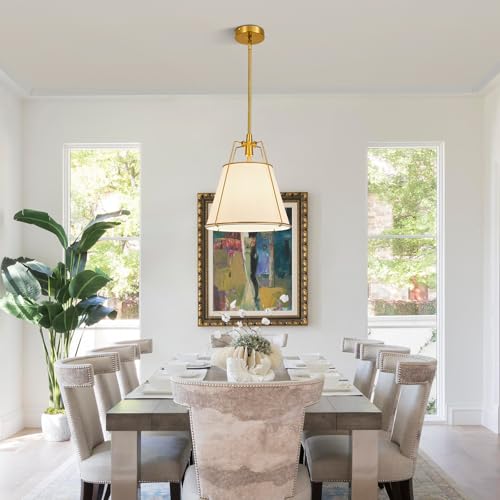 Modern Pendant Light Fixtures with 12" White Linen Fabric Shade