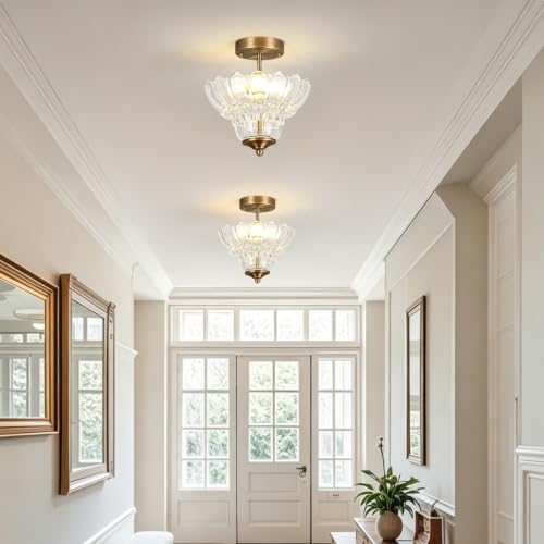 Antique Brass Finish Semi Flush Mount Light with Floral Class Shade (Antique Brass)