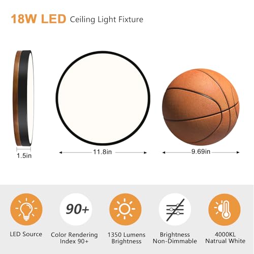Modern Walnut Wood Black Flush Mount Ceiling Light 11.81 Inch