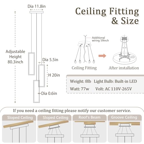 3 Lights Modern Rectangle Chandelier Dimmable Pendant Lighting Adjust LED Staircase Chandelier Hanging Light Fixtures for Kitchen Island Dining Room Entryway Foyer Black