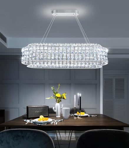 L32 x W12 Modern Chandeliers for Dining Room LED Dimmable Pendant Lighting Ceiling Chandelier Crystal Rectangle Light Fixtures Silver