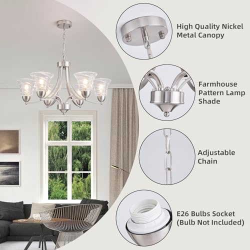 Modern Brushed Nickel Farmhouse Chandelier 6 Light Silver Chandeliers for Dining Room Adjustable Height Hanging Light Fixture with Clear Glass Shade