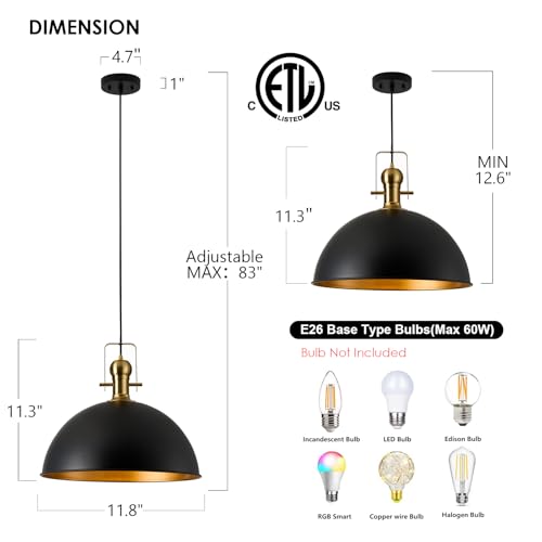 12 Inch Black Farmhouse Pendant Lights for Kitchen Island 2 Pack (2 Count)