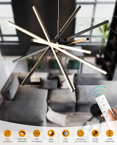 Modern Sputnik Chandelier Ceiling LED Black Pendant Light Embedded Mount Chandeliers Dining Room Light Fixtures Over Table Dimmable with Remote Control for Living Room Kitchen Bedroom