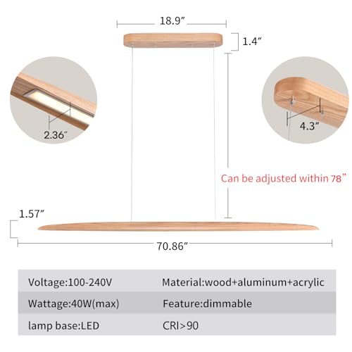 71" 40W Wood LED Linear Pendant Light Fixture Led Dining Room Light Dimmable Hanging Light Fixture for Dining Room Kitchen Island Pool Table Lights Natural Ash