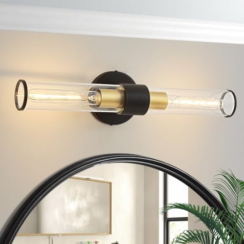 Hardwired Black Gold Vanity Light Clear Glass Wall Sconce