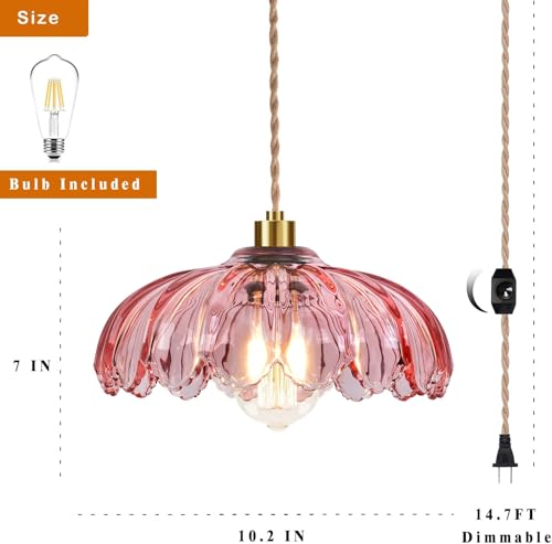 Pink Plug in Pendant Light Glass Hanging Lights with Plug in Cord Boho Hanging Lamp Gold Mid Century Modern Vintage Dimmable Flower Plug in Chandelier Ceiling Fixture for Living Room