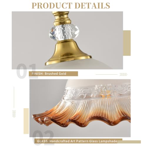 1 Pack Vintage Brushed Gold Crystal Amber Glass Pendant Light Fixture (Golden And Amber / 1-Light)