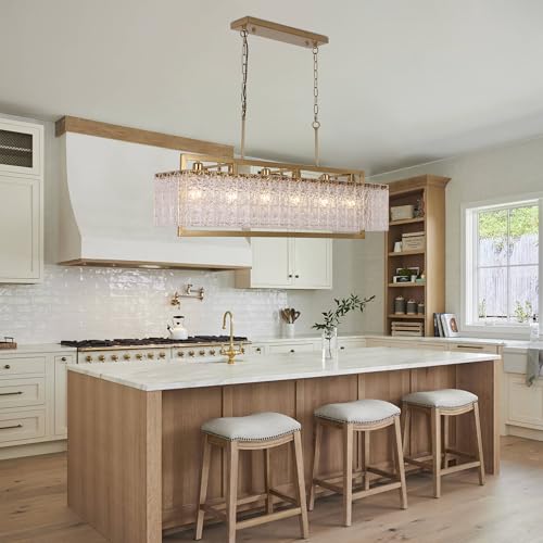 42" Gold Crystal Ripple Glass Rectangle Pendant Chandelier 6