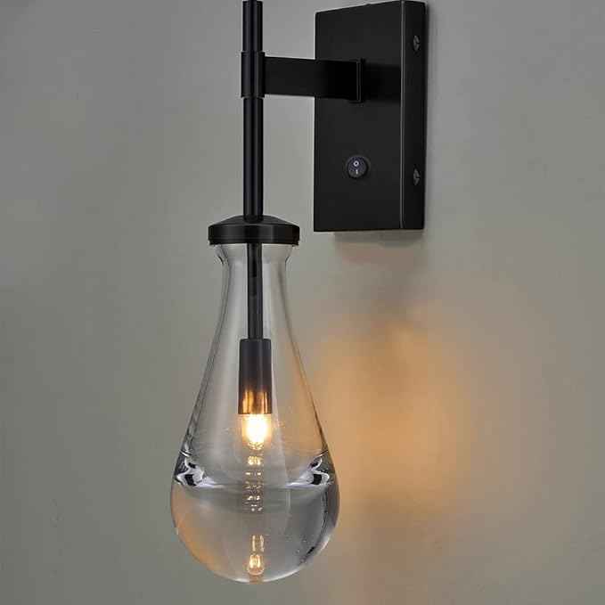 HuisMier Black Wall Sconces, Raindrop Sconces Wall Lighting with On/Off Switch Button, Modern Clear Glass Vanity Light Fixtures Raindrop Wall Sconce for Bathroom Bedroom Living Room Hallway