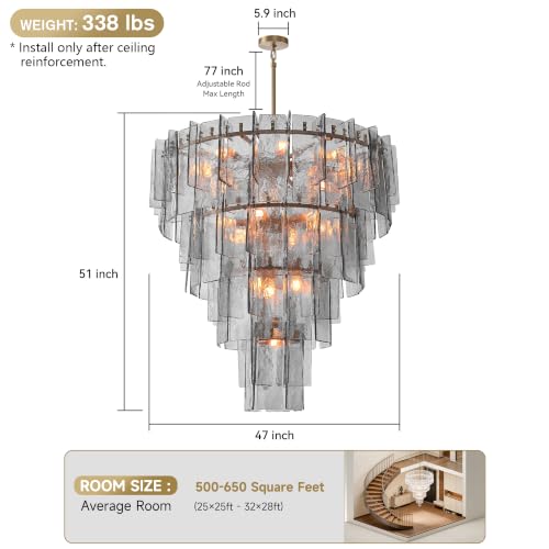 47" Extra Large Tiered Smoked Clear Textured Glass Chandelier