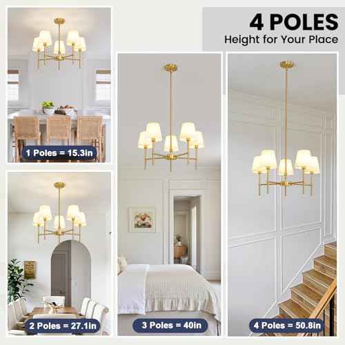 RUIYEY Dining Room Chandeliers Light - 5-Light Gold Modern Chandeliers Light Fixtures with White Fabric Shade, Height Adjustable Pendant Island Light for Entryway Farmhouse