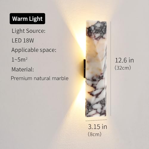 2 Pack 12.6in Natural Alabaster Marble Wall Sconce LED Waterproof Outdoor Indoor Wall Lamp Nordic Up Down Light Fixture Hardwired Metal Base 18W 3000K Universal Voltage for Porch Bedroom Living Room