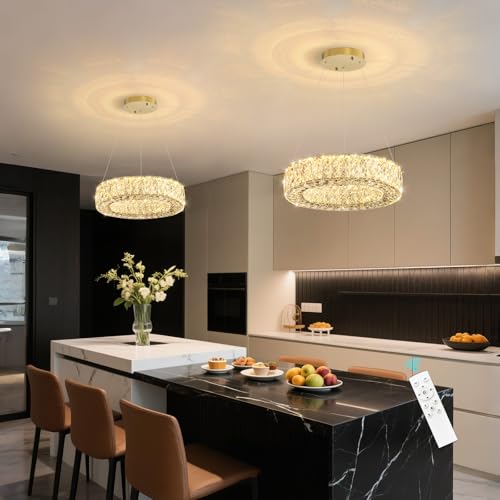 Modern Chandelier for Dining Room Dimmable LED Pendant Lights for Kitchen Island Lighting Gold Ring Crystal Chandeliers for Bedroom Entrance Living Room