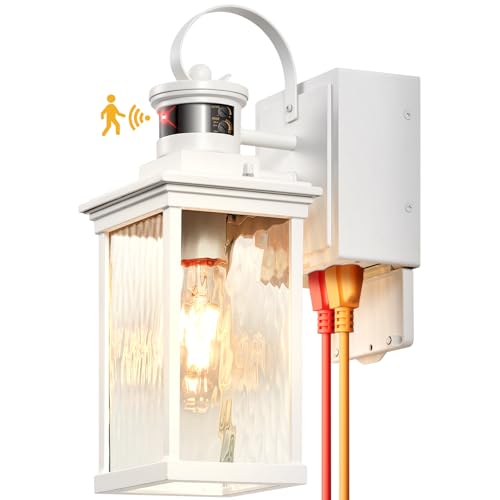 White Motion Sensor Porch Lights Outdoor with GFCI Outlet
