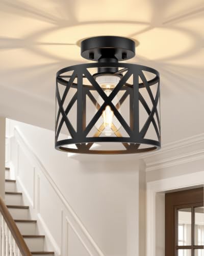 Farmhouse Semi Flush Mount Ceiling Light Fixture E26 Metal Cage Industrial Ceiling Lighting for Kitchen