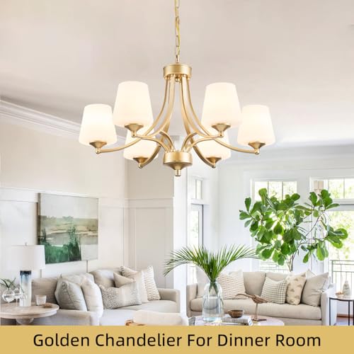 6 Light Modern Gold Chandeliers for Dining Room 47.2'' Adjustable Height Farmhouse Pendant Light with Frosted Glass Shades